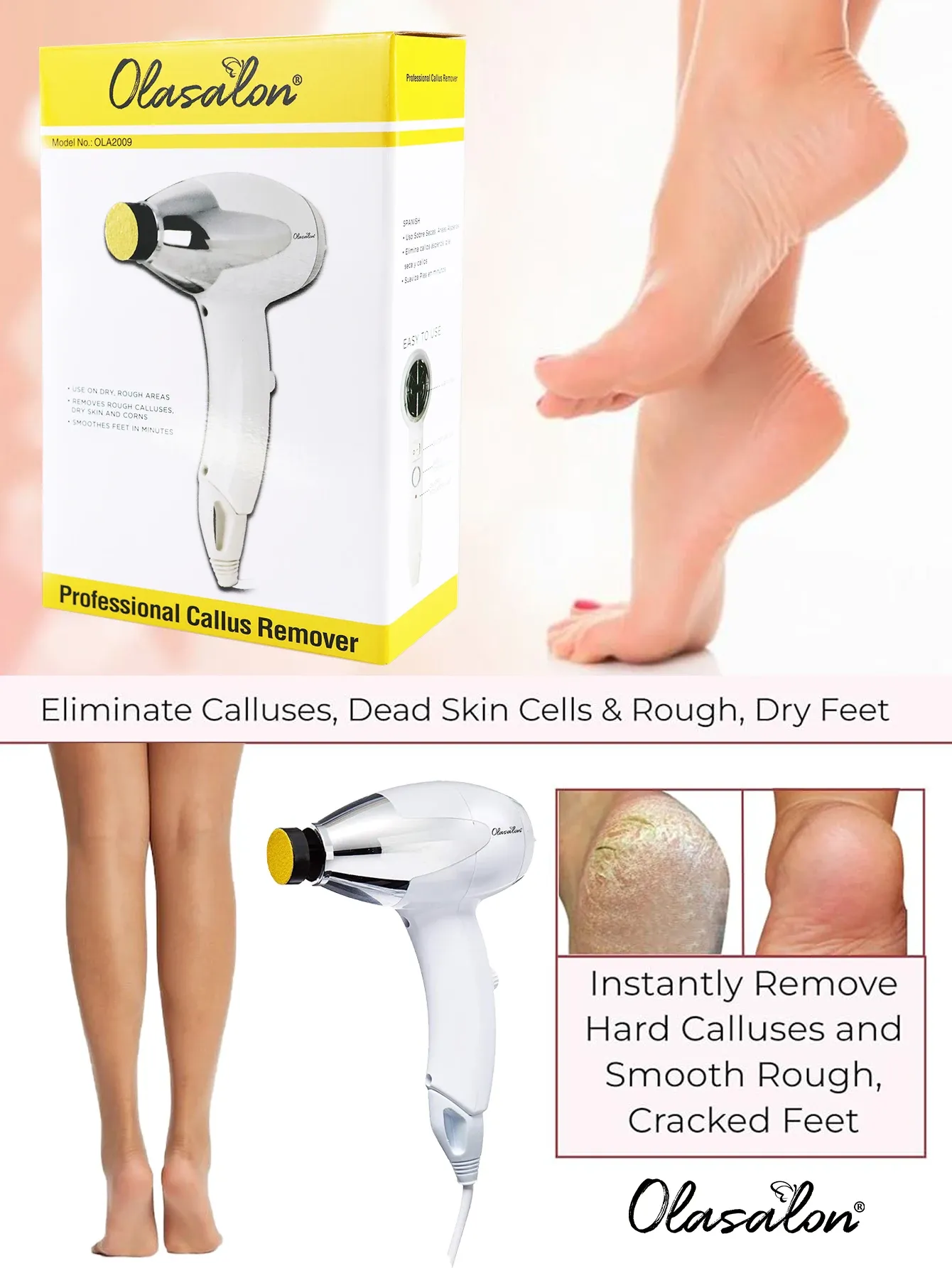 OLASALON Appareil électrique anti-callosités pour les pieds, étanche, kit de soin des pieds pour pédicure, prise européenne 230 V 5