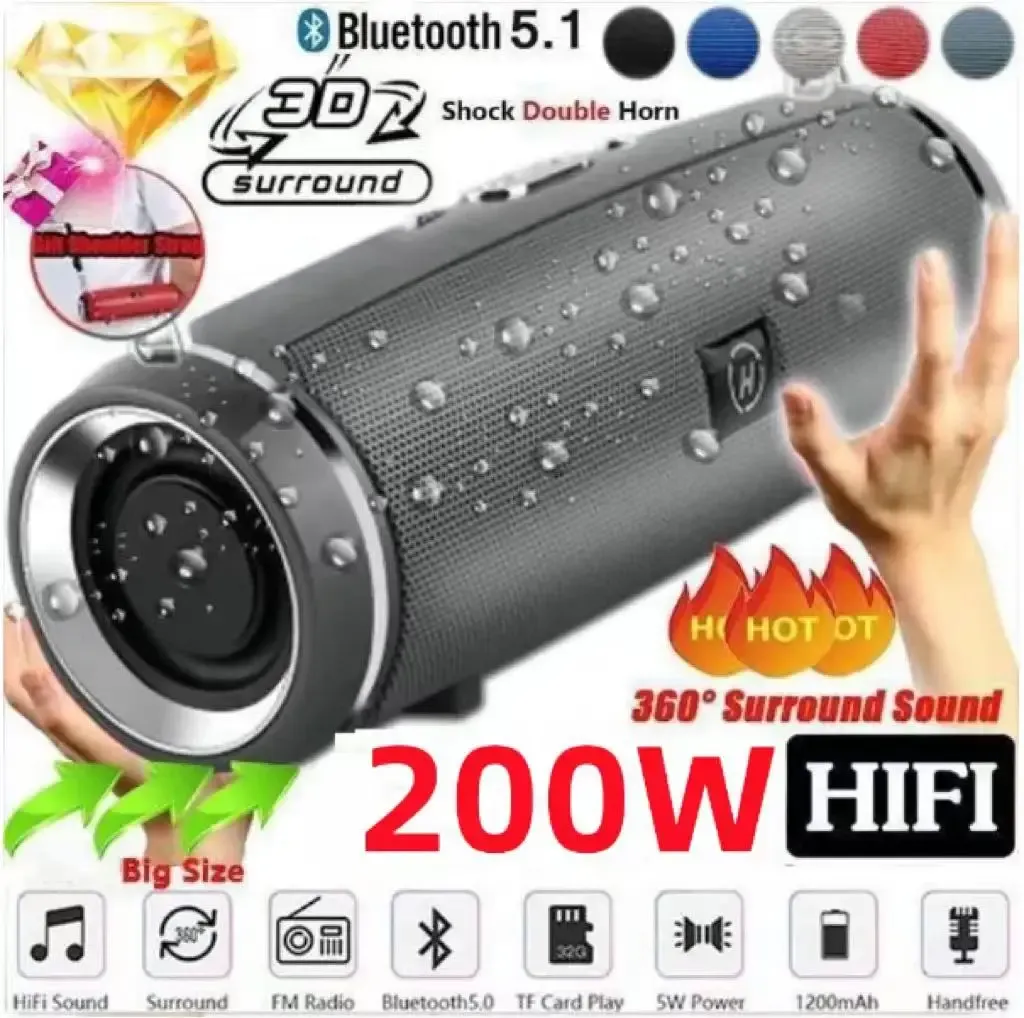 Haut-parleur Bluetooth portable étanche IPX7, enceinte colonne HiFi d'extérieur, caisson de basses stéréo, radio FM, port TF, HONBox 200 W 1