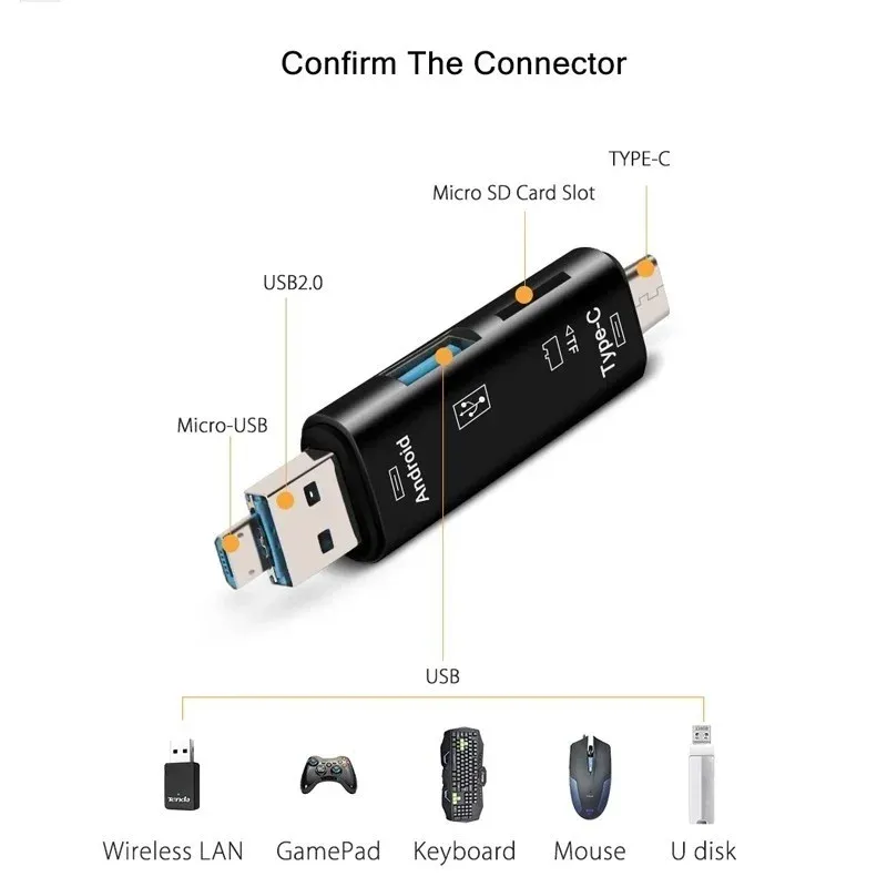 5-en-1 Lecteur de carte mémoire multifonction USB 2.0, USB-C, USB, Micro USB, TF/SD, adaptateur OTG pour téléphone portable 2