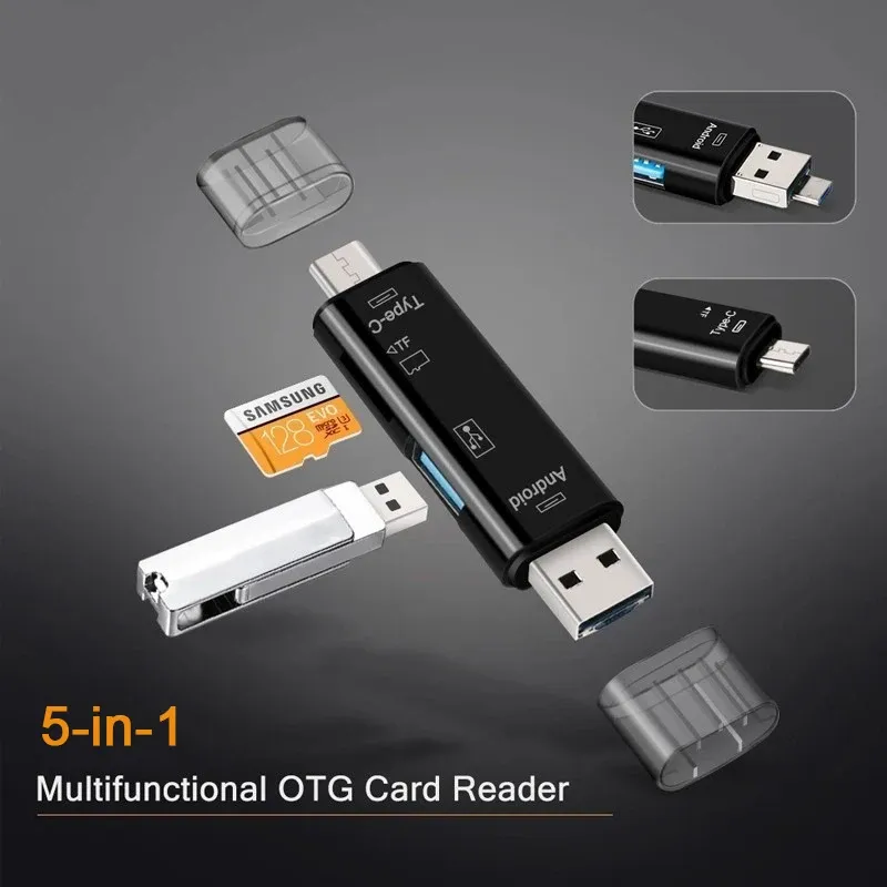 5-en-1 Lecteur de carte mémoire multifonction USB 2.0, USB-C, USB, Micro USB, TF/SD, adaptateur OTG pour téléphone portable 4