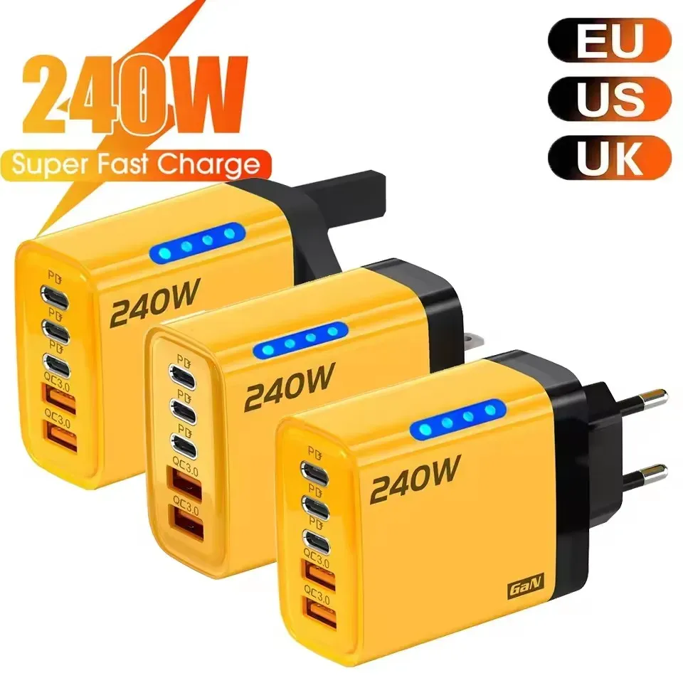 Chargeur rapide 240 W GaN multi-ports 5 en 1 avec lumière LED, 2 USB et 3 USB-C, compatible iPhone 15 à 17, Samsung, Huawei et Xiaomi 15