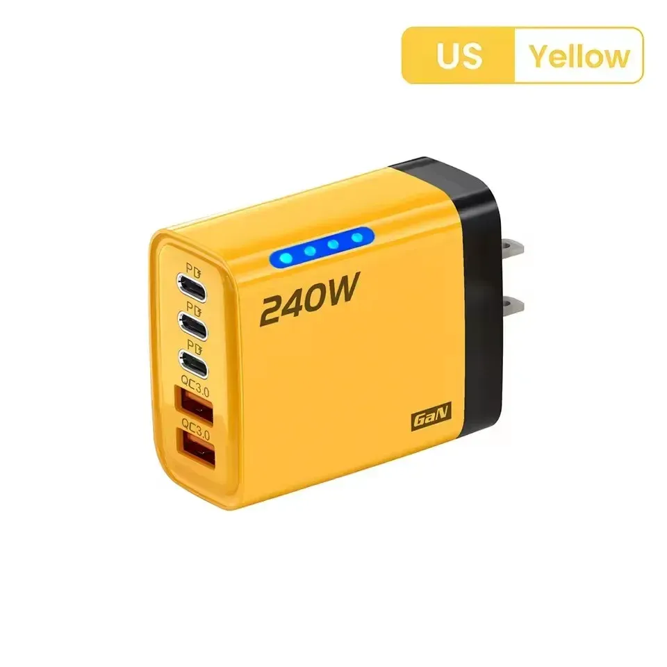 Chargeur rapide 240 W GaN multi-ports 5 en 1 avec lumière LED, 2 USB et 3 USB-C, compatible iPhone 15 à 17, Samsung, Huawei et Xiaomi 15 12