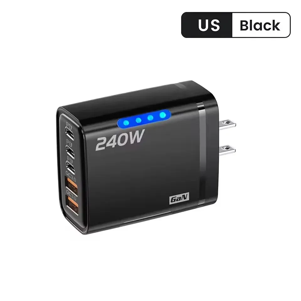 Chargeur rapide 240 W GaN multi-ports 5 en 1 avec lumière LED, 2 USB et 3 USB-C, compatible iPhone 15 à 17, Samsung, Huawei et Xiaomi 15 17