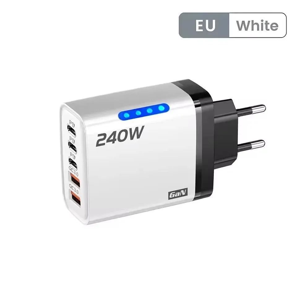 Chargeur rapide 240 W GaN multi-ports 5 en 1 avec lumière LED, 2 USB et 3 USB-C, compatible iPhone 15 à 17, Samsung, Huawei et Xiaomi 15 19