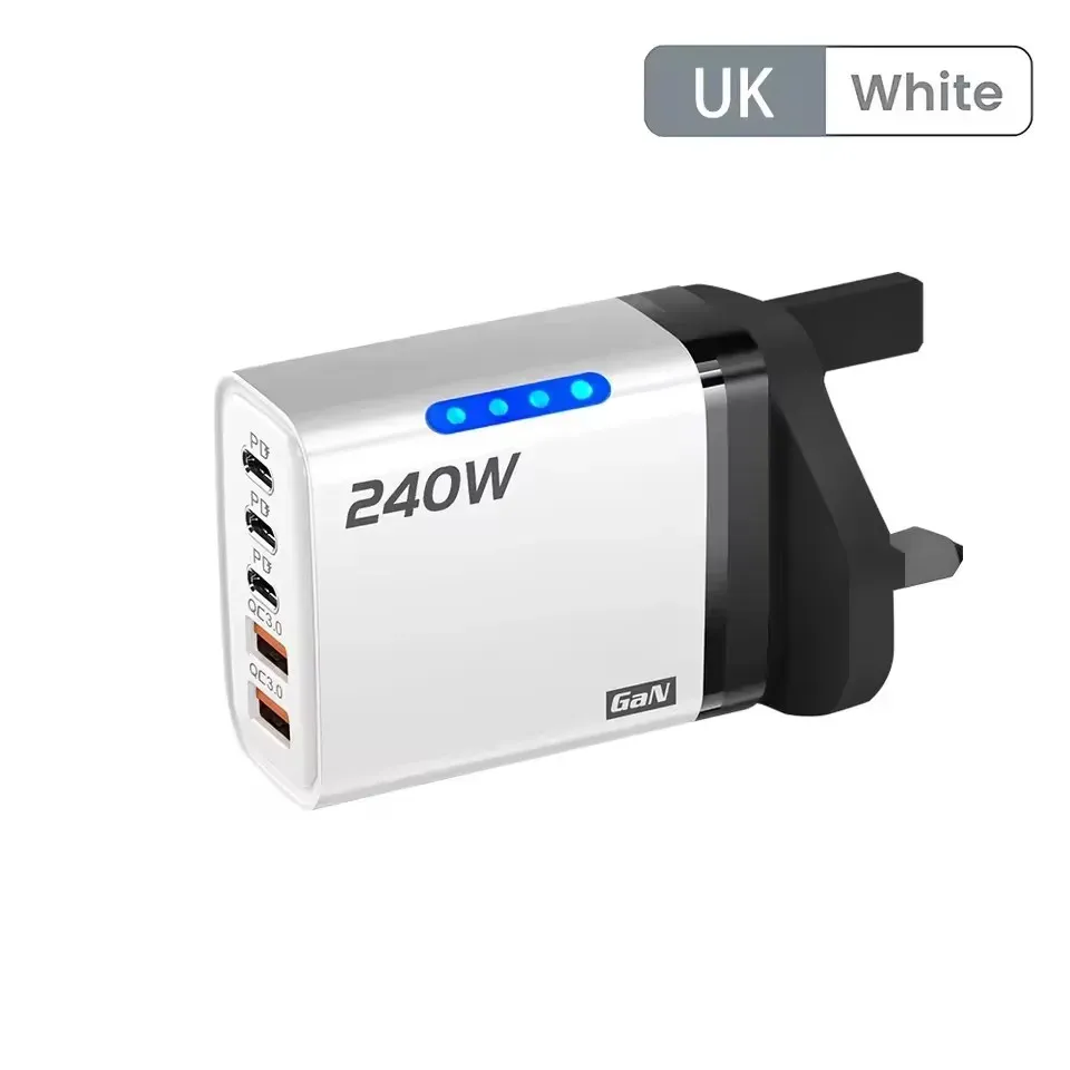 Chargeur rapide 240 W GaN multi-ports 5 en 1 avec lumière LED, 2 USB et 3 USB-C, compatible iPhone 15 à 17, Samsung, Huawei et Xiaomi 15 8