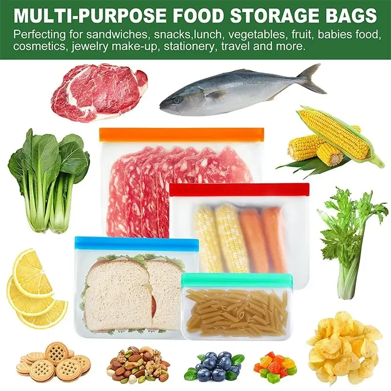 Sac alimentaire réutilisable en silicone, conservation au congélateur, sac de rangement debout, sac PEVA étanche, sac de cuisine à fermeture éclair 6