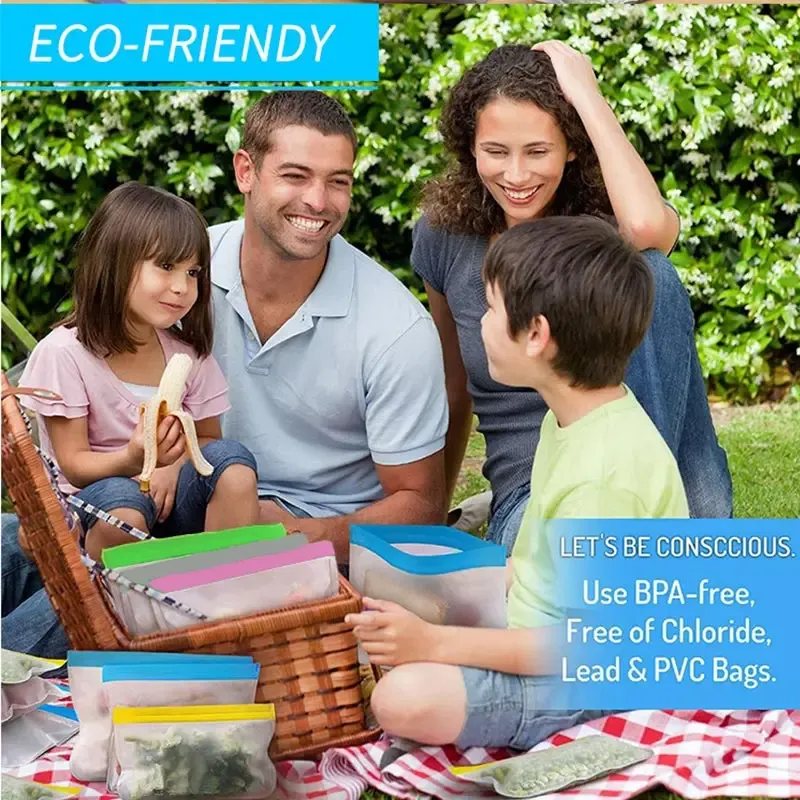 Sac alimentaire réutilisable en silicone, conservation au congélateur, sac de rangement debout, sac PEVA étanche, sac de cuisine à fermeture éclair 5