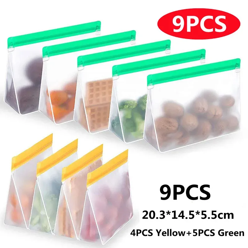Sac alimentaire réutilisable en silicone, conservation au congélateur, sac de rangement debout, sac PEVA étanche, sac de cuisine à fermeture éclair 10