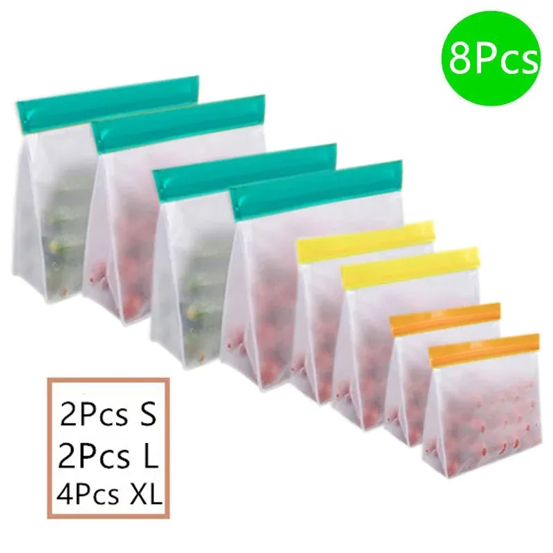 Sac alimentaire réutilisable en silicone, conservation au congélateur, sac de rangement debout, sac PEVA étanche, sac de cuisine à fermeture éclair 11