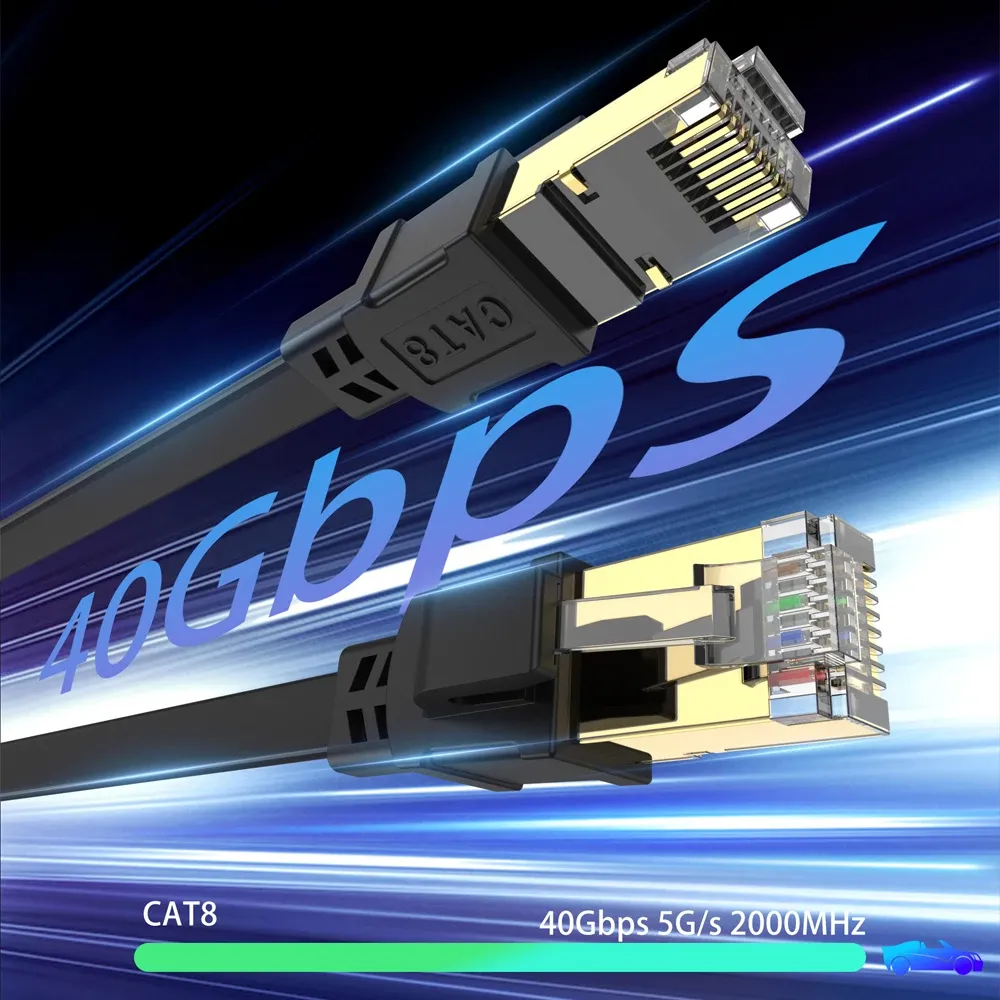 Câble Ethernet CAT 8 40 Gbps 2000 MHz RJ45 pour réseau LAN, cordon de raccordement plat, 10 m, 15 m, 20 m, 30 m, 50 pieds, 100 pieds, pour routeur, modem et PS5/PS4 2