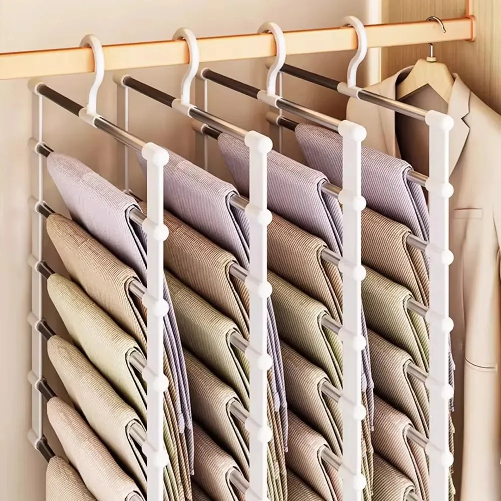 Cintre à pantalon pliable multi-niveaux à clips antidérapants, organisateur de placard gain de place 3