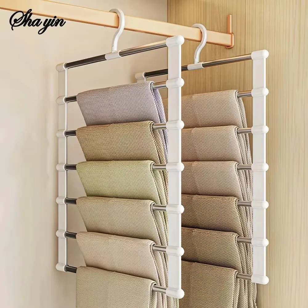 Cintre à pantalon pliable multi-niveaux à clips antidérapants, organisateur de placard gain de place 1