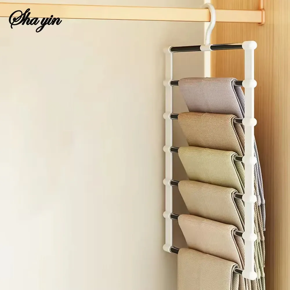 Cintre à pantalon pliable multi-niveaux à clips antidérapants, organisateur de placard gain de place 4