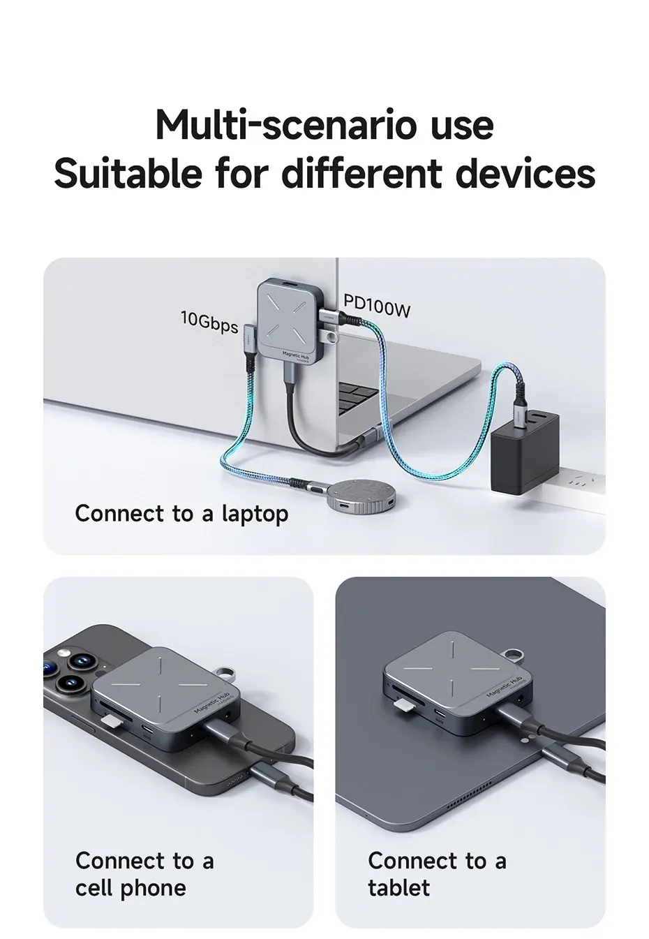 Hub magnétique USB-C Hagibis, compatibilité smartphone