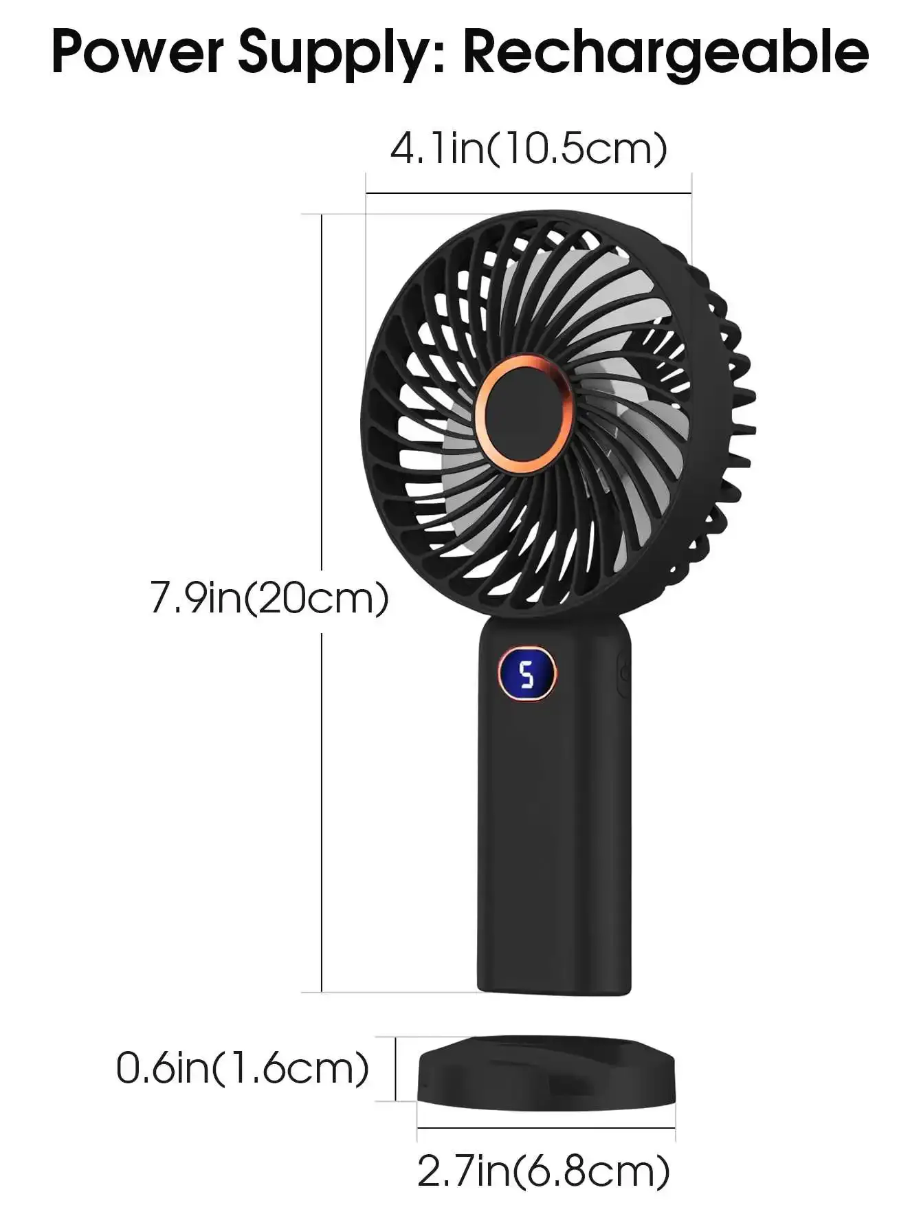 Ventilateur portatif USB rechargeable à affichage numérique, 5 vitesses, idéal pour les voyages, le bureau et la maison 2