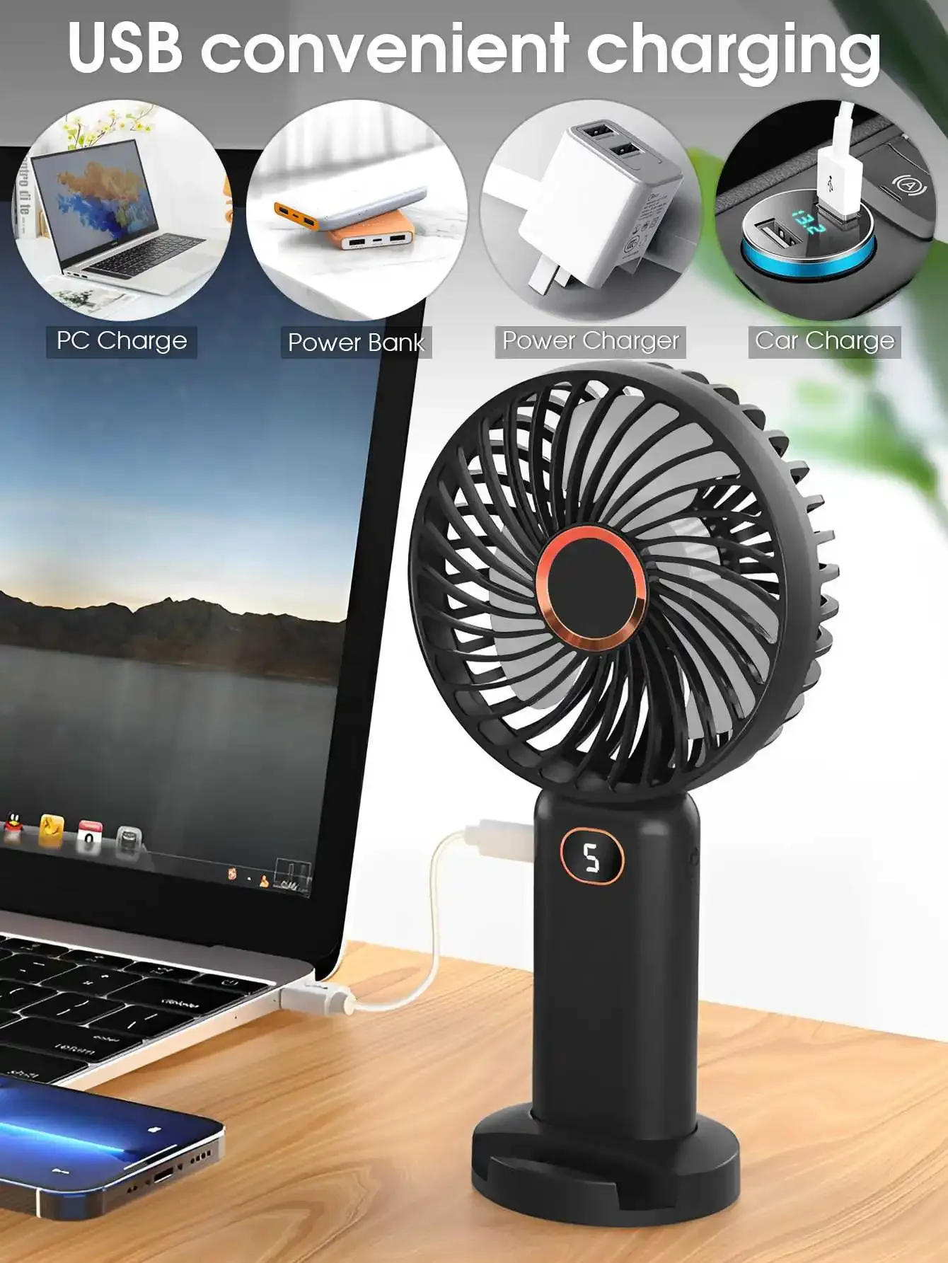 Ventilateur portatif USB rechargeable à affichage numérique, 5 vitesses, idéal pour les voyages, le bureau et la maison 5