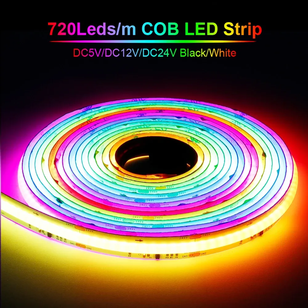 Bande LED COB WS2811 adressable RGB, 720 LED/m, haute densité, flexible, PCB noir ou blanc, DC 12 V / 24 V