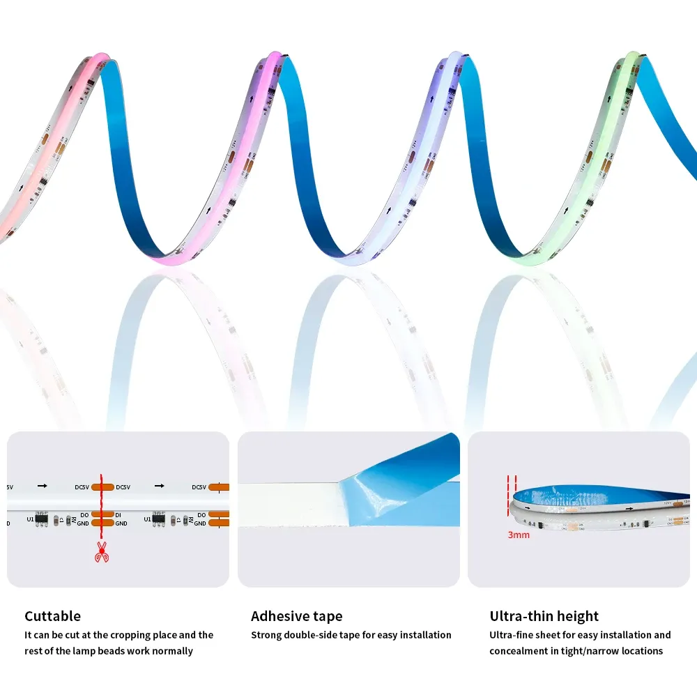 Bande LED COB WS2811 adressable RGB, 720 LED/m, haute densité, flexible, PCB noir ou blanc, DC 12 V / 24 V 4