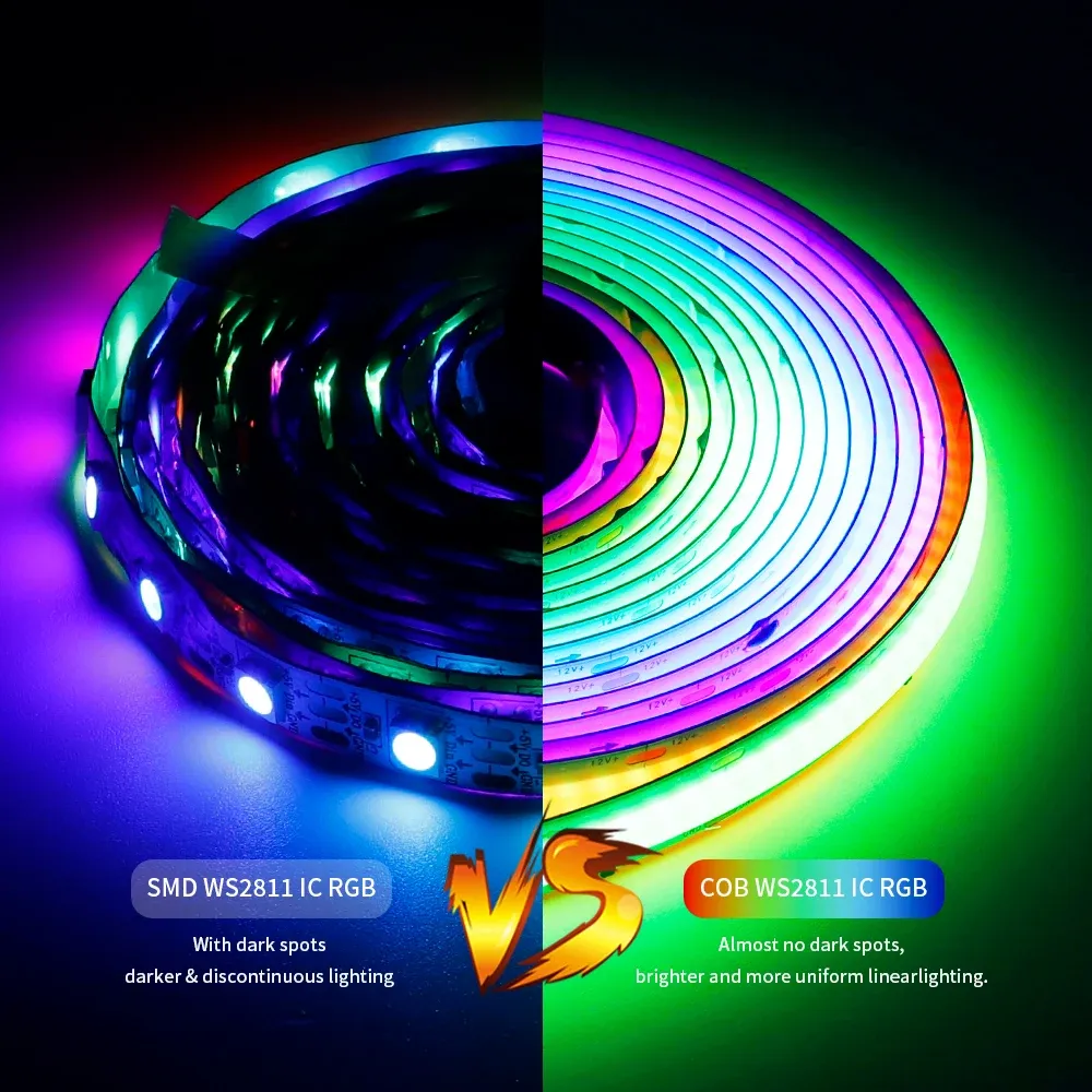 Bande LED COB WS2811 adressable RGB, 720 LED/m, haute densité, flexible, PCB noir ou blanc, DC 12 V / 24 V 5