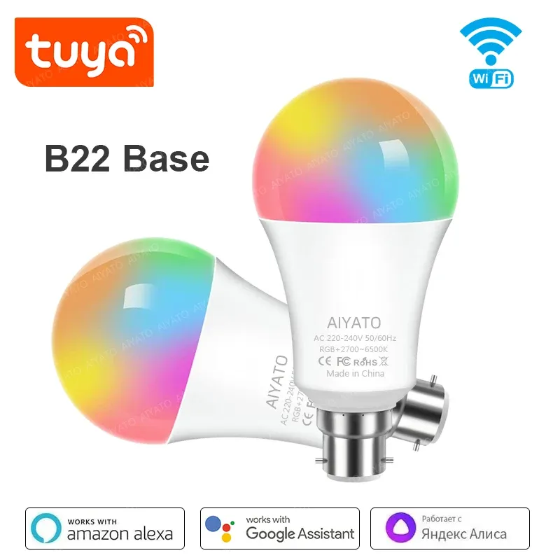 Ampoule connectée Wi-Fi TUYA B22 (culot à baïonnette) avec Bluetooth, LED RGB, 220 V, compatible Alexa et Google Assistant, programmation et gestion de groupes via application