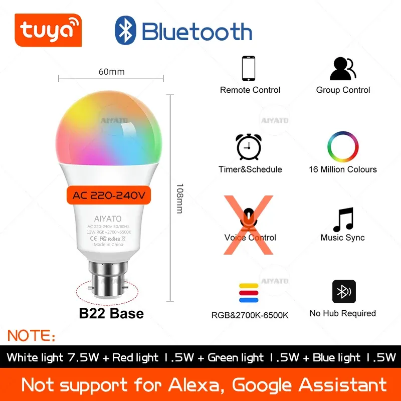 Ampoule connectée Wi-Fi TUYA B22 (culot à baïonnette) avec Bluetooth, LED RGB, 220 V, compatible Alexa et Google Assistant, programmation et gestion de groupes via application 10