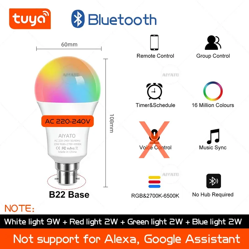 Ampoule connectée Wi-Fi TUYA B22 (culot à baïonnette) avec Bluetooth, LED RGB, 220 V, compatible Alexa et Google Assistant, programmation et gestion de groupes via application 9