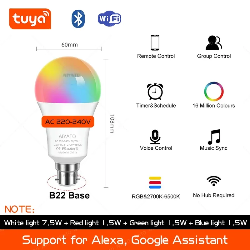 Ampoule connectée Wi-Fi TUYA B22 (culot à baïonnette) avec Bluetooth, LED RGB, 220 V, compatible Alexa et Google Assistant, programmation et gestion de groupes via application 11