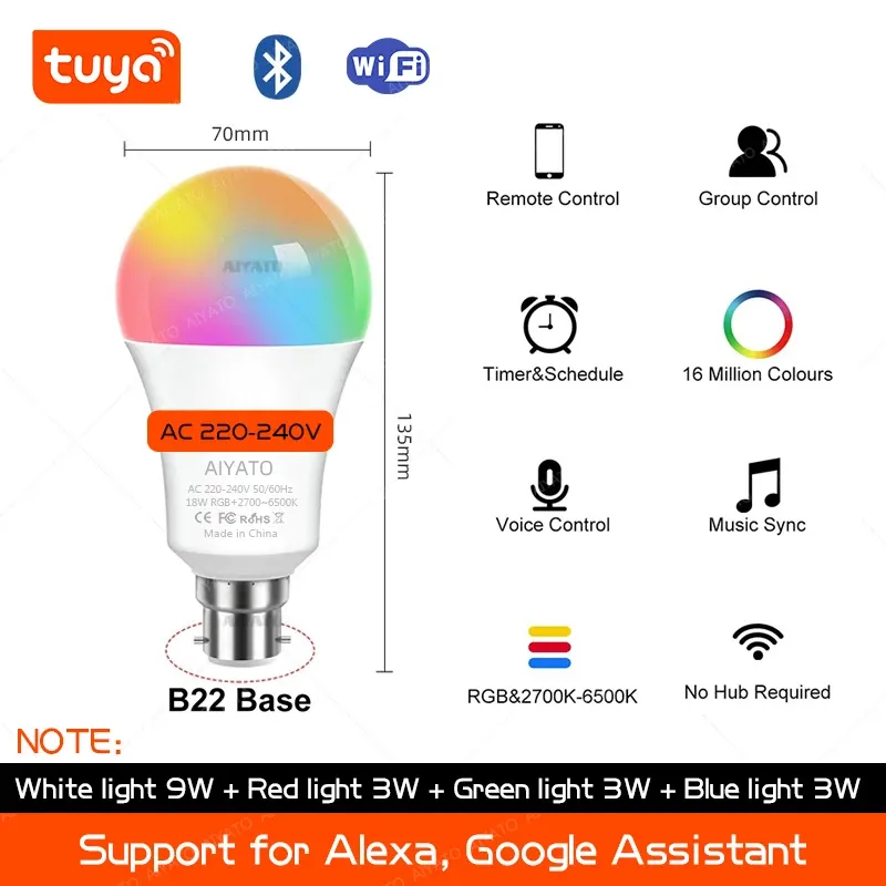Ampoule connectée Wi-Fi TUYA B22 (culot à baïonnette) avec Bluetooth, LED RGB, 220 V, compatible Alexa et Google Assistant, programmation et gestion de groupes via application 7