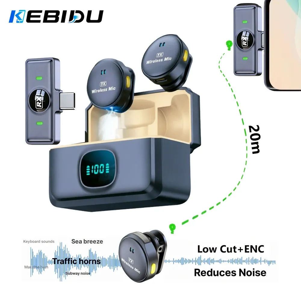 Microphone Lavalier sans fil KEBIDU à double réduction de bruit, son HiFi, avec 1 à 2 micros magnétiques miniatures pour enregistrement vidéo et diffusion en direct - Image 1