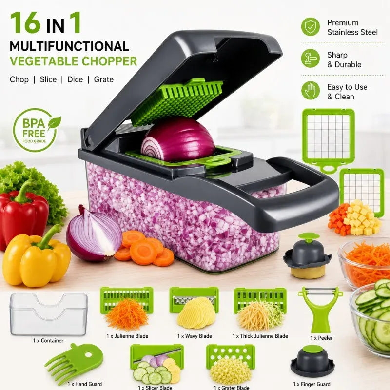 Hachoir de cuisine portable multifonctionnel, coupe-légumes, râpe à pommes de terre et carottes, robot culinaire domestique pour fruits et légumes 1