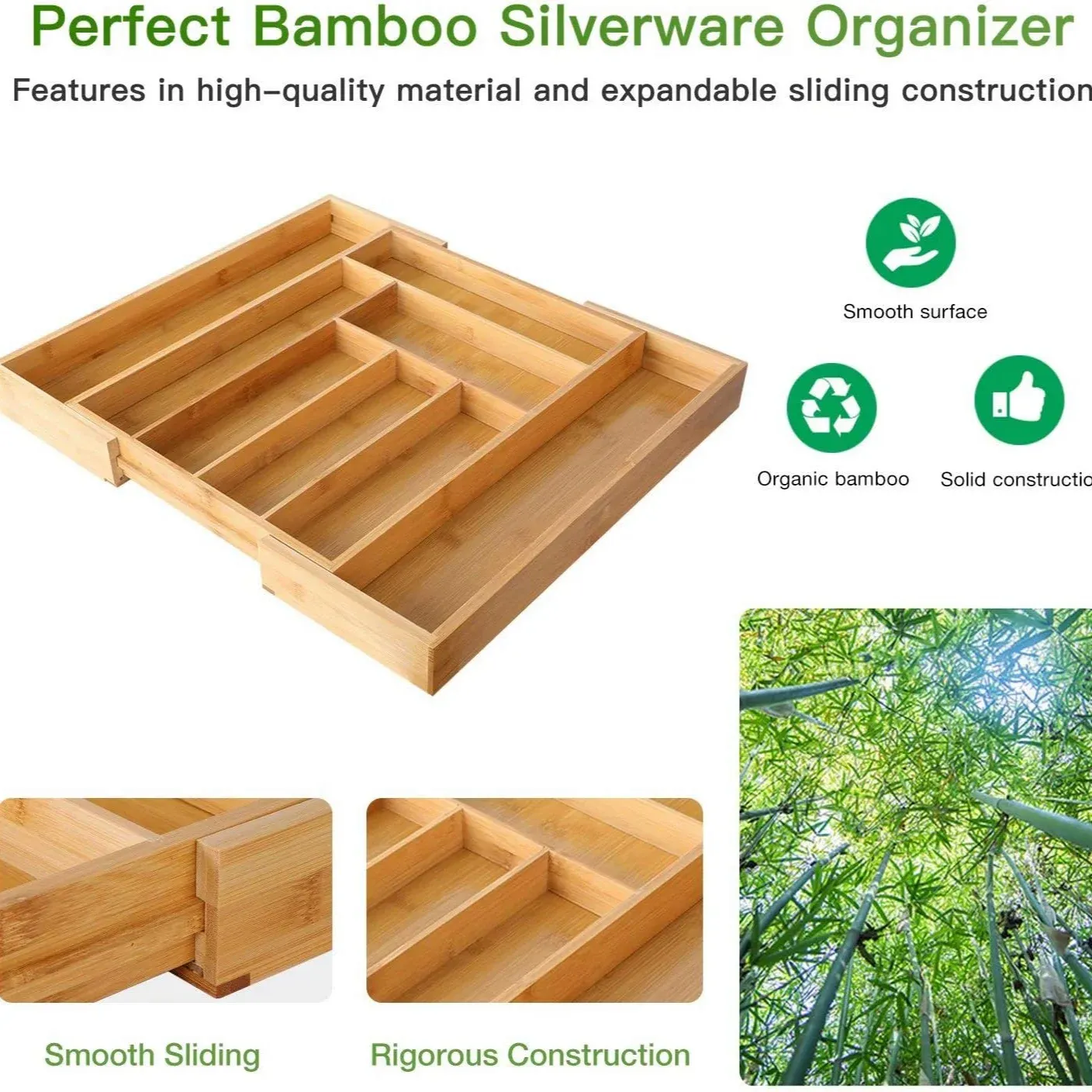 Organiseur de tiroir en bambou réglable et extensible pour couverts et couteaux 6