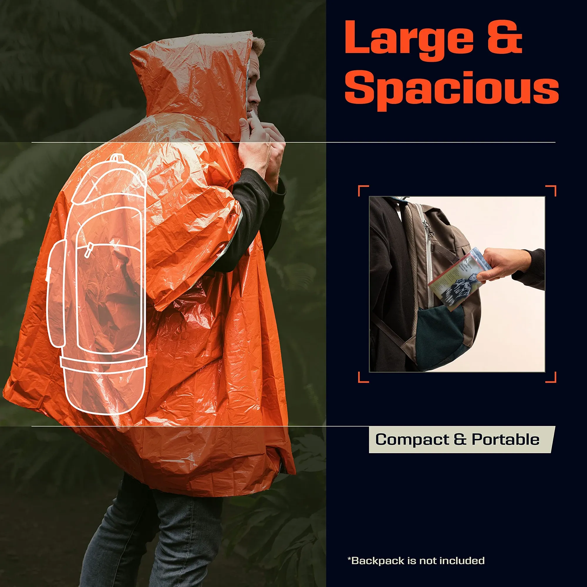Poncho de pluie d'urgence à capuche en PE, imperméable et chaud, avec doublure en aluminium, couverture de survie pour le camping 6