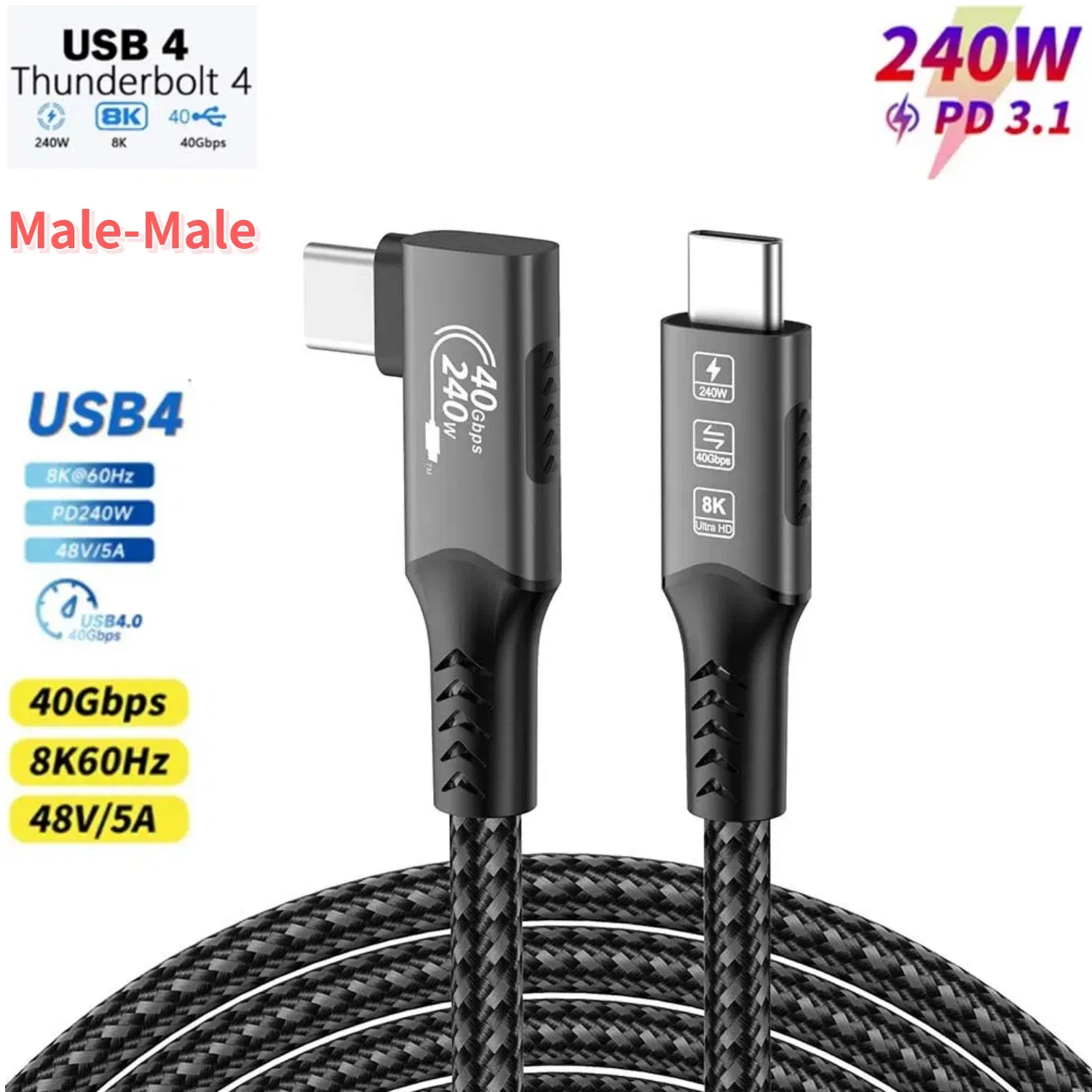Câble USB4 pour Thunderbolt 4, 40 Gbit/s, 8K@60Hz, 4K@120Hz, PD 3.1 100 W, USB-C vers USB-C, compatible iPhone 17, modèle K36S 8