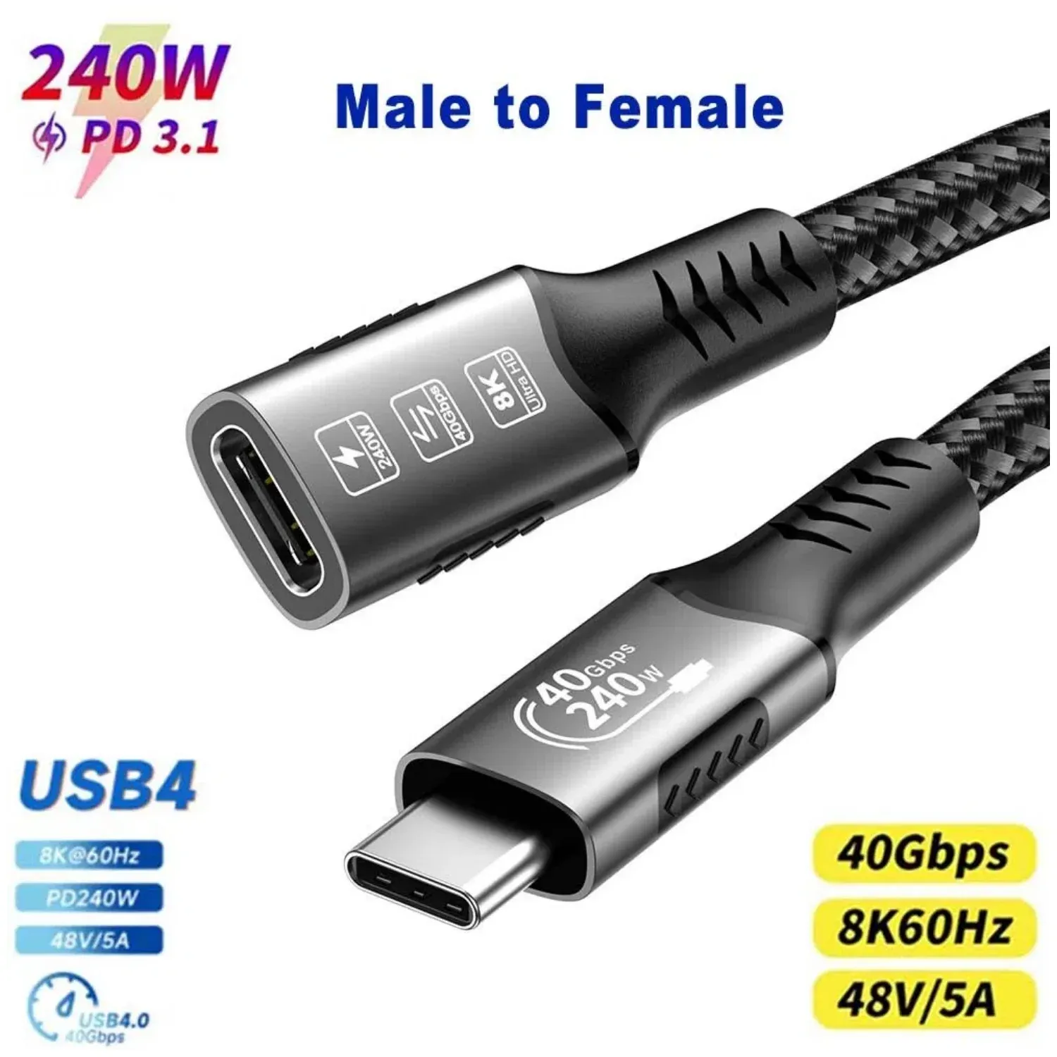 Câble USB4 pour Thunderbolt 4, 40 Gbit/s, 8K@60Hz, 4K@120Hz, PD 3.1 100 W, USB-C vers USB-C, compatible iPhone 17, modèle K36S 7