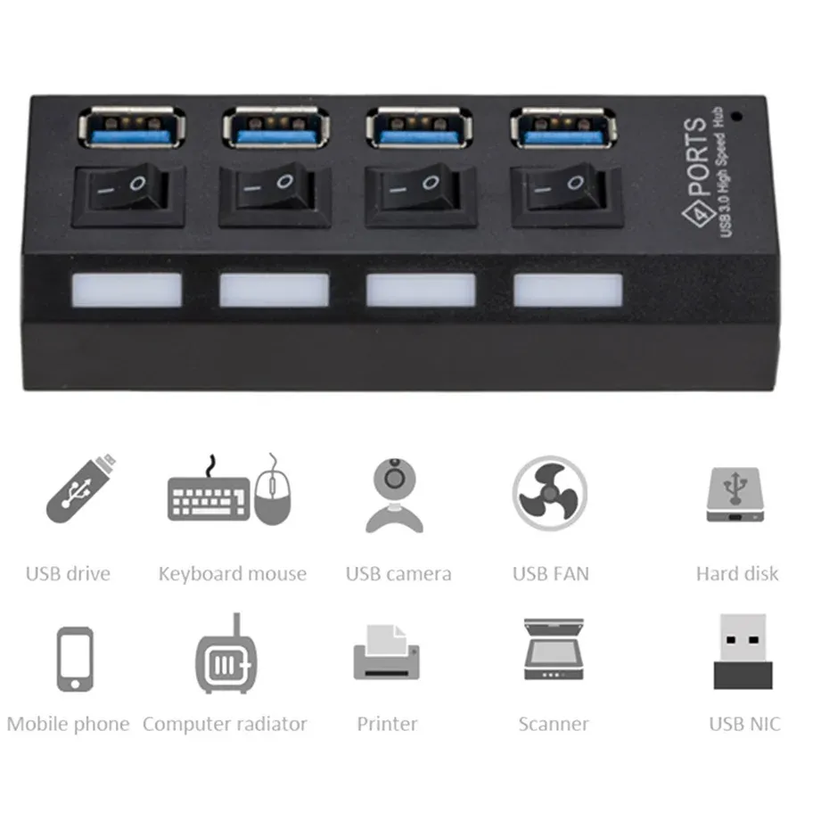 Mini Hub USB 3.0 Ultra-rapide 5 Gbps, 4 ports, portable, avec adaptateur d'alimentation externe pour PC 3