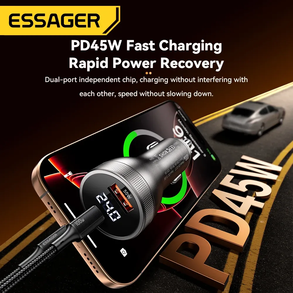 Chargeur de voiture Essager 100 W USB-C à charge rapide PD 45 W pour iPhone 15 Pro, iPhone 14, Xiaomi Poco et Samsung Galaxy S24 2