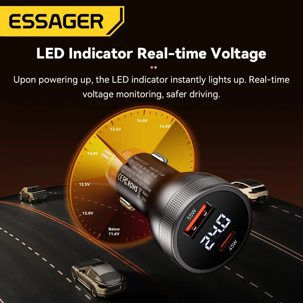 Chargeur de voiture Essager 100 W USB-C à charge rapide PD 45 W pour iPhone 15 Pro, iPhone 14, Xiaomi Poco et Samsung Galaxy S24 4