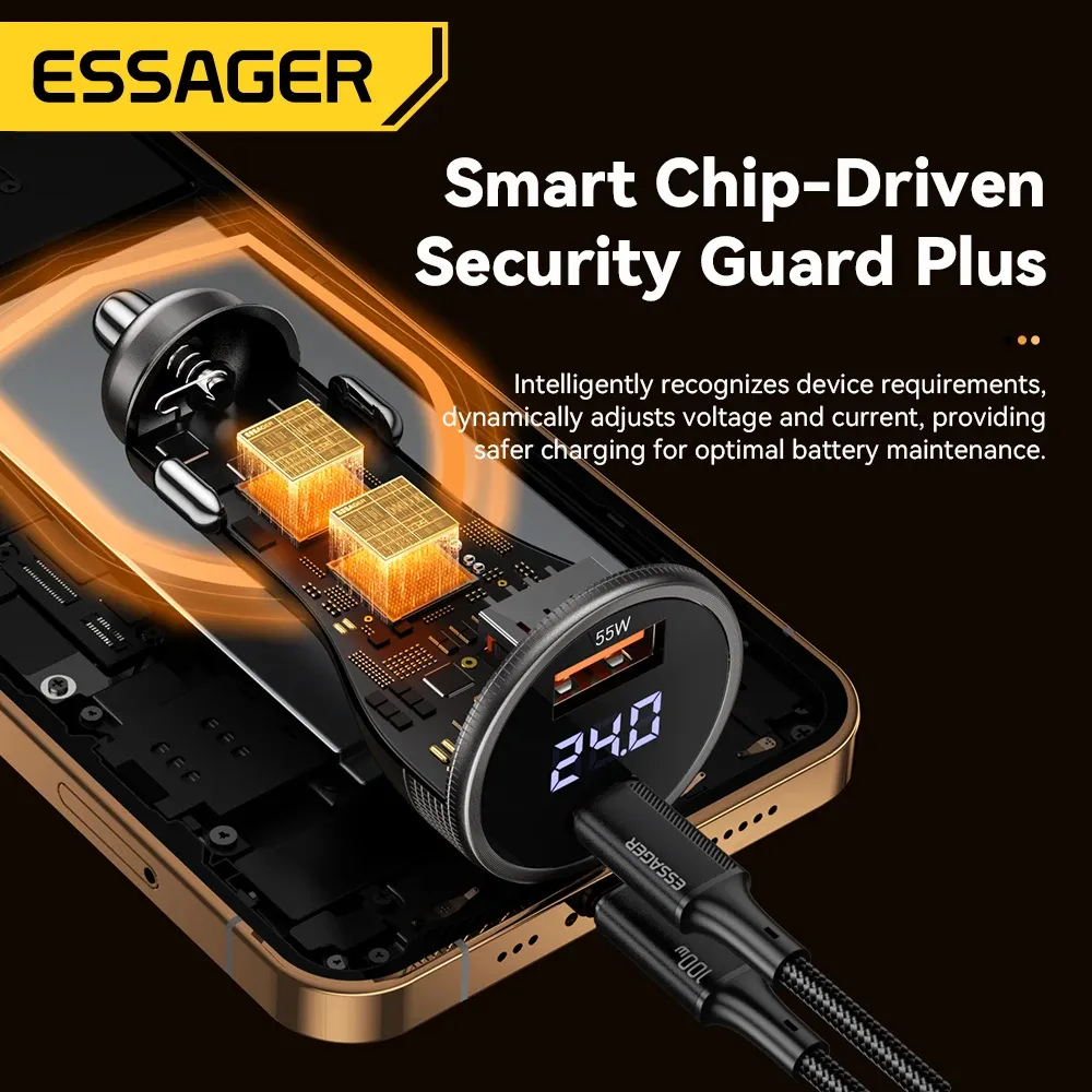 Chargeur de voiture Essager 100 W USB-C à charge rapide PD 45 W pour iPhone 15 Pro, iPhone 14, Xiaomi Poco et Samsung Galaxy S24 5