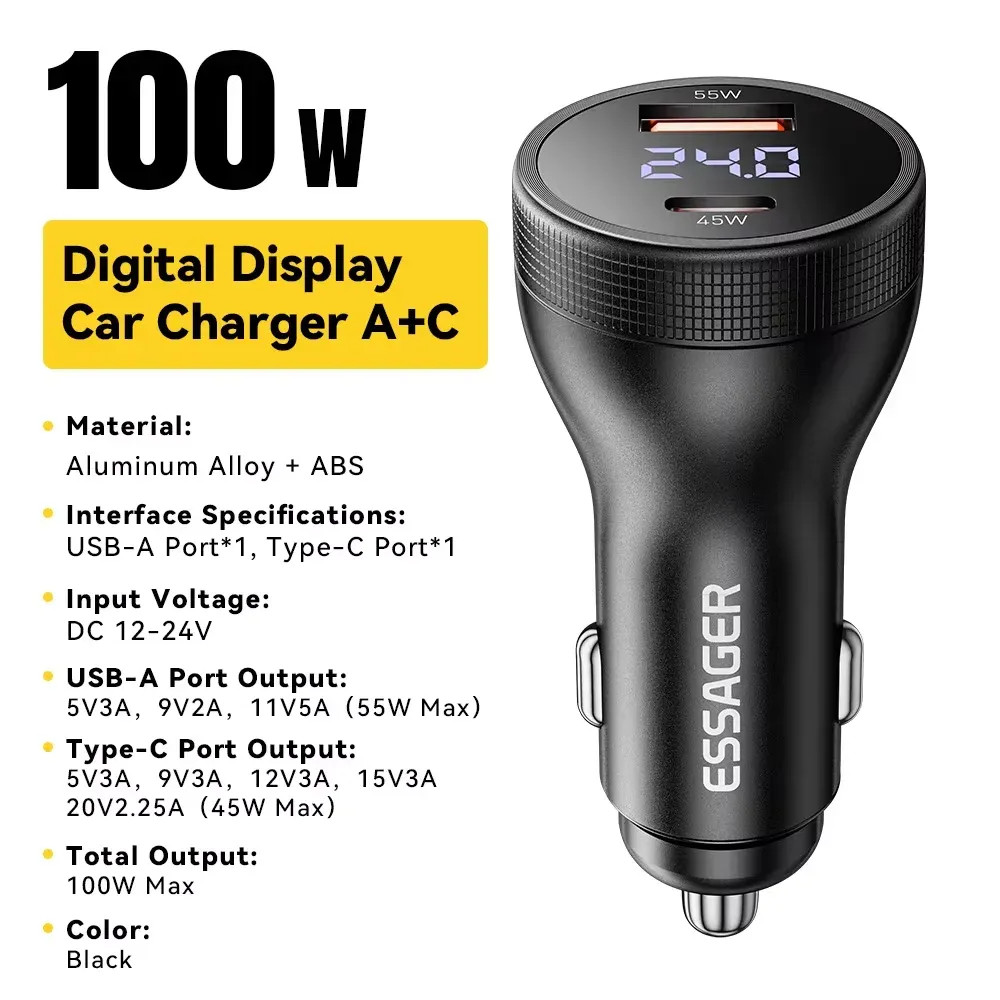 Chargeur de voiture Essager 100 W USB-C à charge rapide PD 45 W pour iPhone 15 Pro, iPhone 14, Xiaomi Poco et Samsung Galaxy S24 8