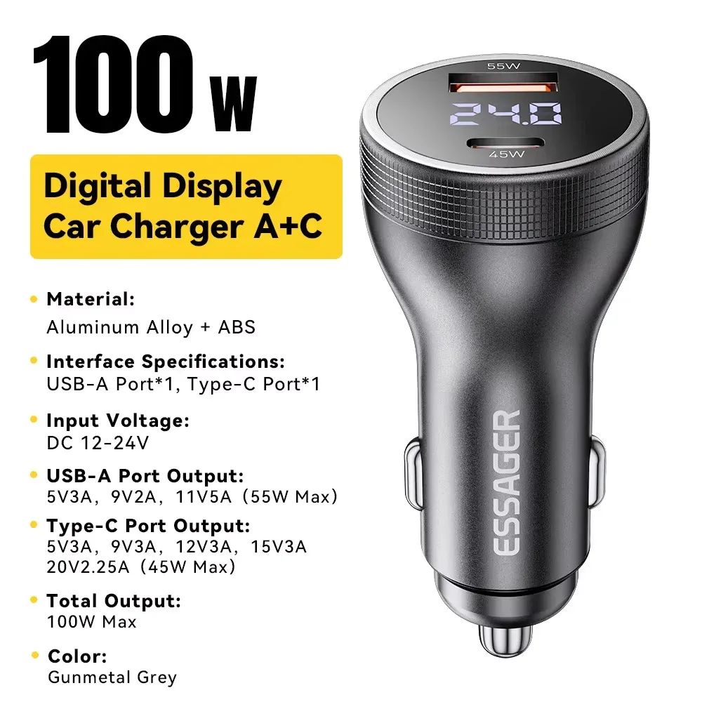 Chargeur de voiture Essager 100 W USB-C à charge rapide PD 45 W pour iPhone 15 Pro, iPhone 14, Xiaomi Poco et Samsung Galaxy S24 7