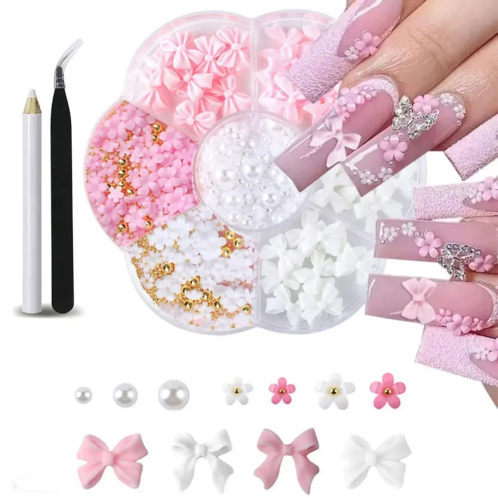 Kit de décorations 3D pour ongles avec nœuds floraux : rose et blanc, acrylique, perles et breloques, stylo à cire et pinceau inclus, 4/6 mm