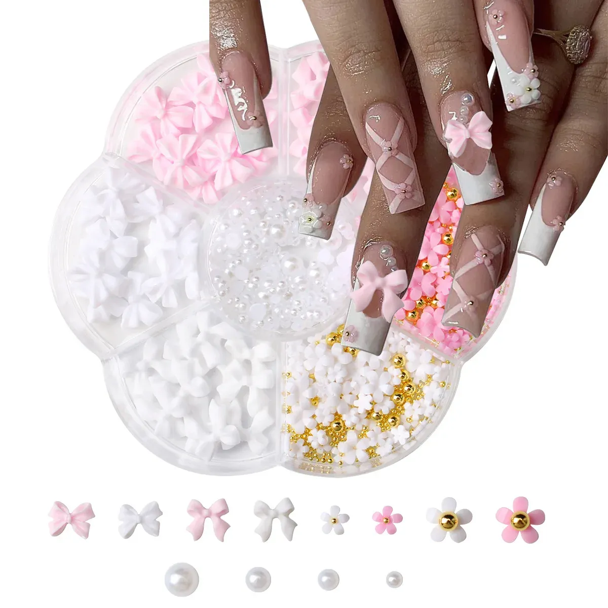 Kit de décorations 3D pour ongles avec nœuds floraux : rose et blanc, acrylique, perles et breloques, stylo à cire et pinceau inclus, 4/6 mm 2
