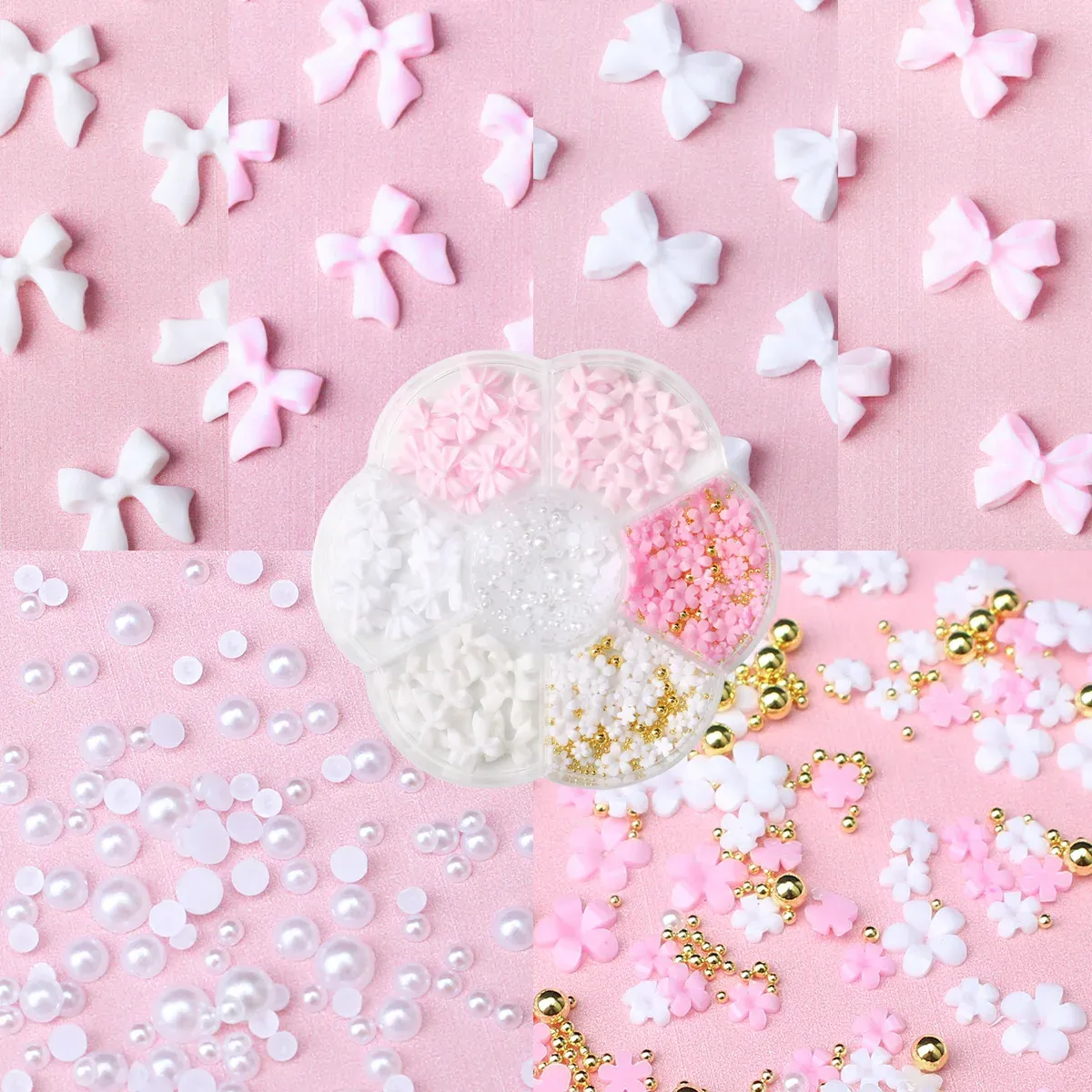 Kit de décorations 3D pour ongles avec nœuds floraux : rose et blanc, acrylique, perles et breloques, stylo à cire et pinceau inclus, 4/6 mm 4