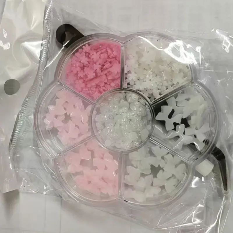 Kit de décorations 3D pour ongles avec nœuds floraux : rose et blanc, acrylique, perles et breloques, stylo à cire et pinceau inclus, 4/6 mm 6