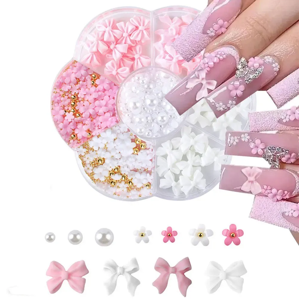 Kit de décorations 3D pour ongles avec nœuds floraux : rose et blanc, acrylique, perles et breloques, stylo à cire et pinceau inclus, 4/6 mm 17