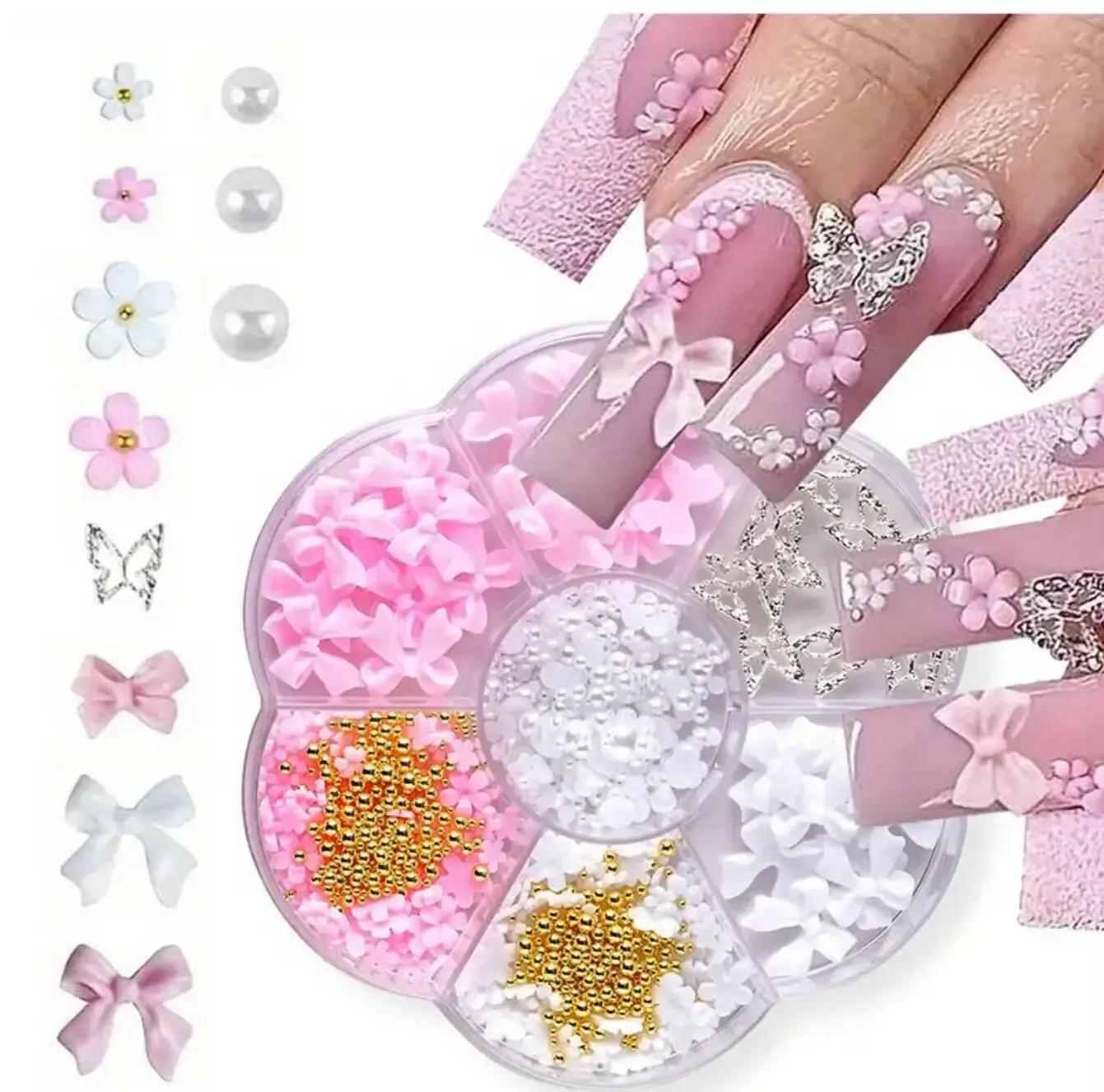 Kit de décorations 3D pour ongles avec nœuds floraux : rose et blanc, acrylique, perles et breloques, stylo à cire et pinceau inclus, 4/6 mm 14