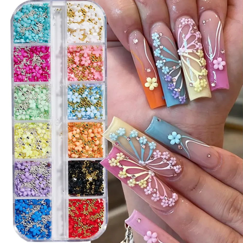Kit de décorations 3D pour ongles avec nœuds floraux : rose et blanc, acrylique, perles et breloques, stylo à cire et pinceau inclus, 4/6 mm 12