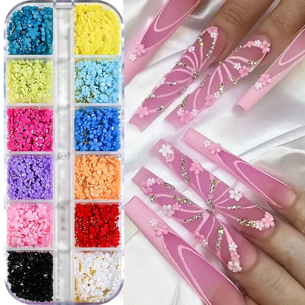 Kit de décorations 3D pour ongles avec nœuds floraux : rose et blanc, acrylique, perles et breloques, stylo à cire et pinceau inclus, 4/6 mm 16