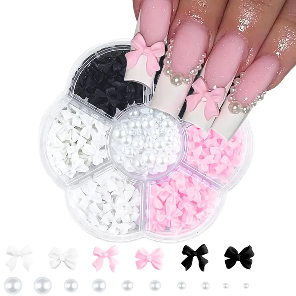 Kit de décorations 3D pour ongles avec nœuds floraux : rose et blanc, acrylique, perles et breloques, stylo à cire et pinceau inclus, 4/6 mm 11