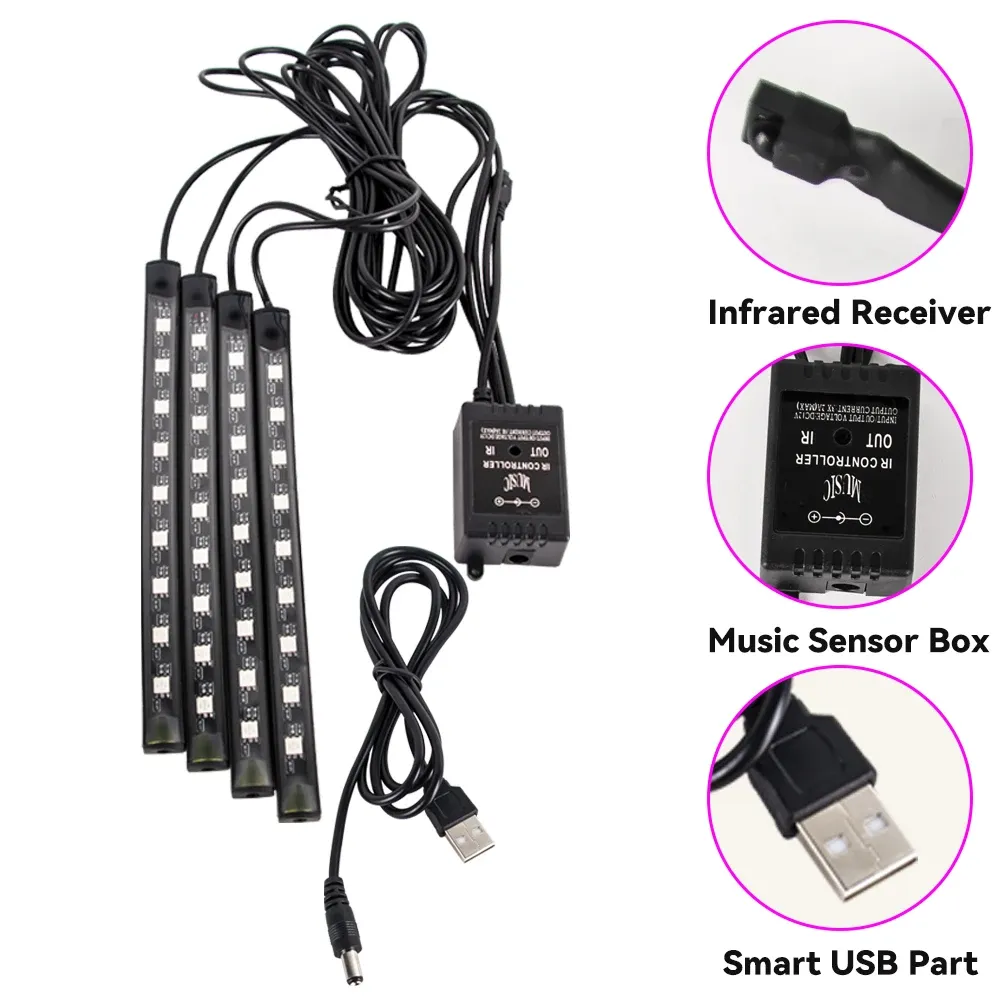 Lampe d'ambiance LED RGB pour voiture avec télécommande, contrôle par application et synchronisation musicale, 48 et 72 LED, alimentation USB sans fil 2